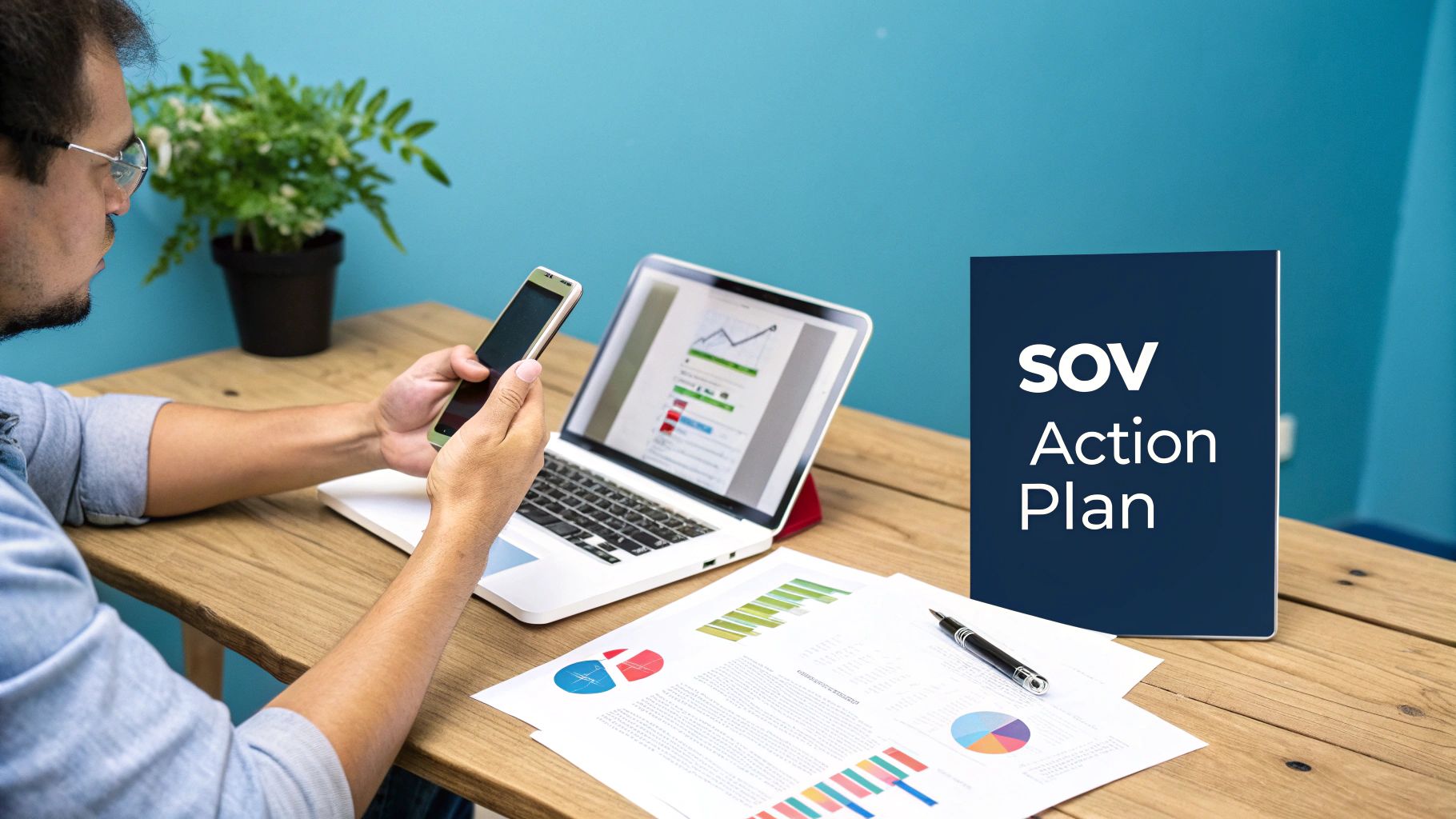 Man analyzing business data on a smartphone, laptop, and printed charts with an 'SOV Action Plan' book.