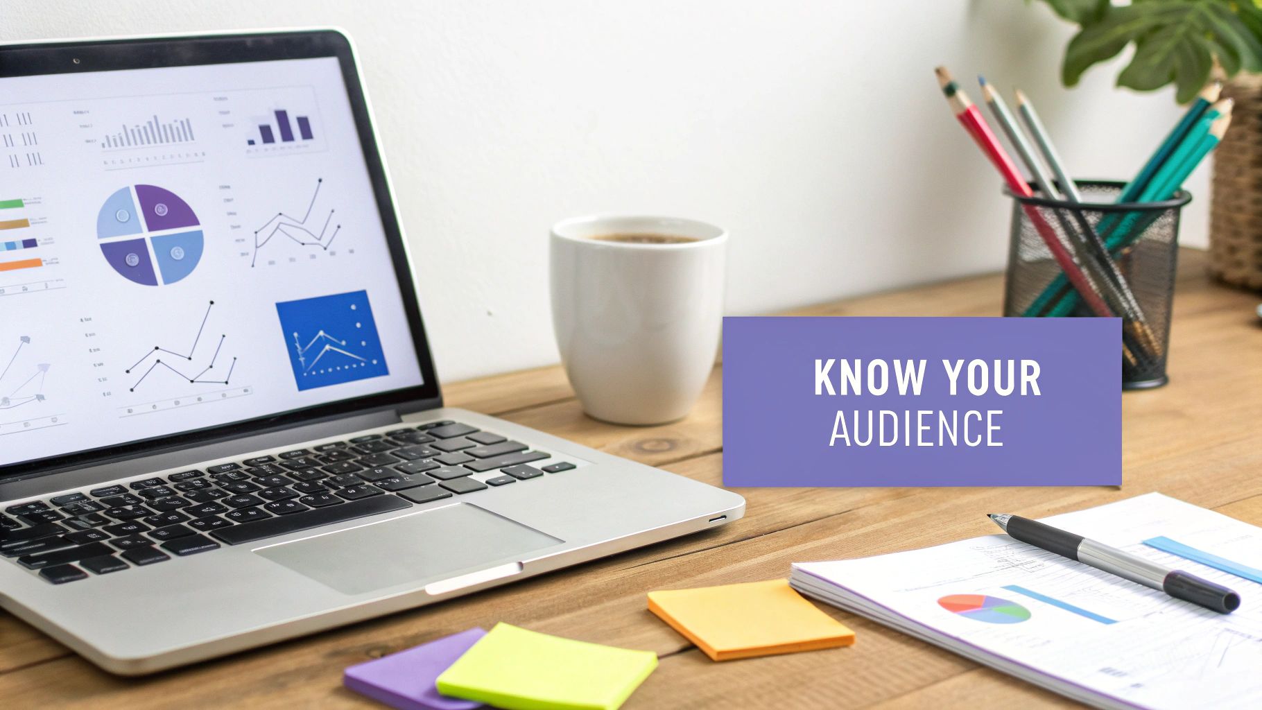 Desk with a laptop displaying charts, a coffee cup, and a 'KNOW YOUR AUDIENCE' sign for business strategy.