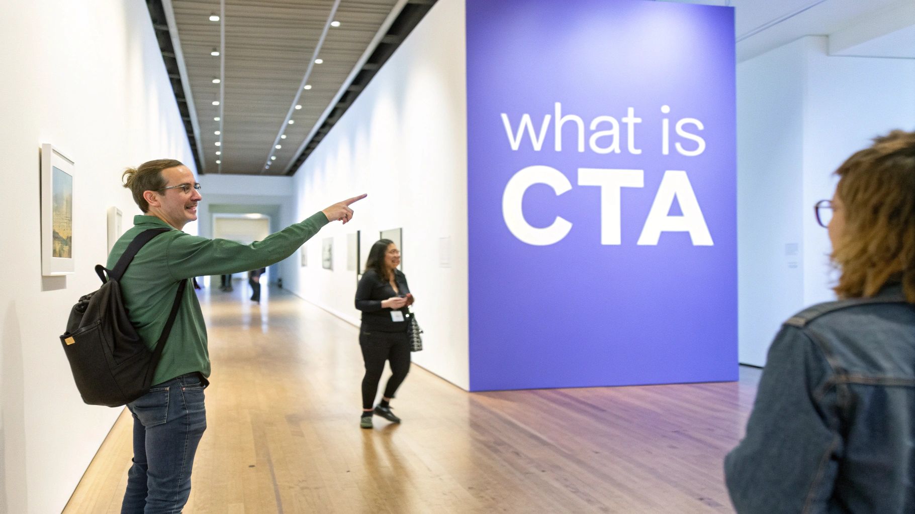 A person pointing at a large 'Click Here' button on a digital screen, symbolizing a call to action.