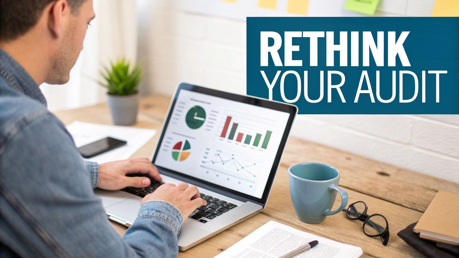 A woman analyzing social media data on a laptop and tablet, representing a social media audit.