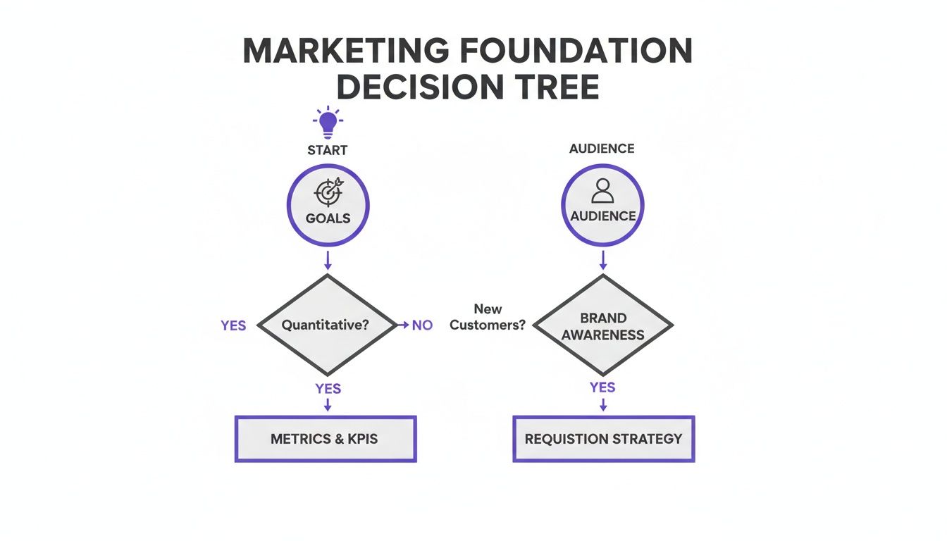 Flowchart illustrating a marketing foundation decision tree with paths for goals, metrics, new customers, audience, and brand awareness strategy.