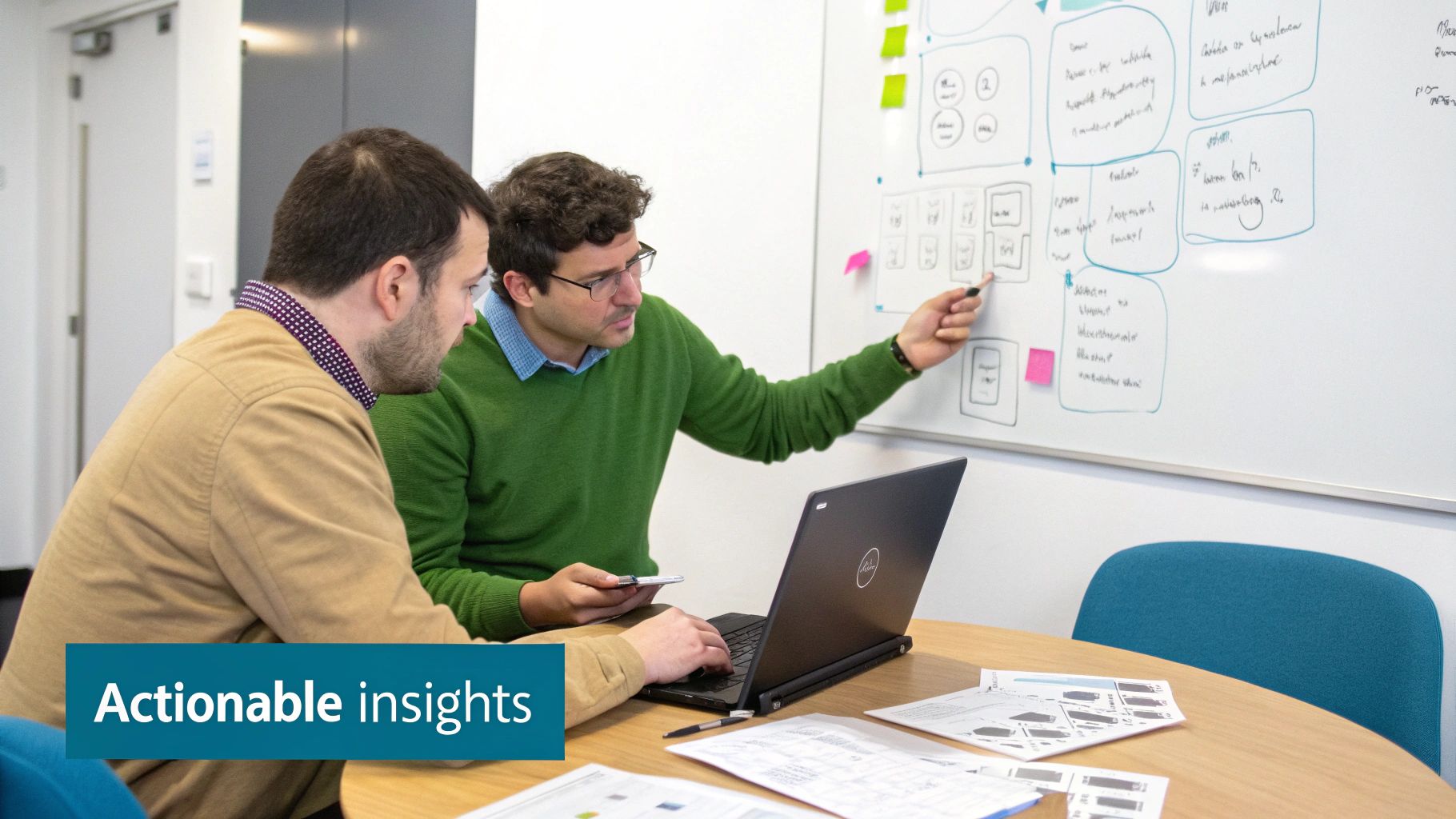 Two men collaborating on a project, one pointing at a whiteboard with diagrams, the other using a laptop.