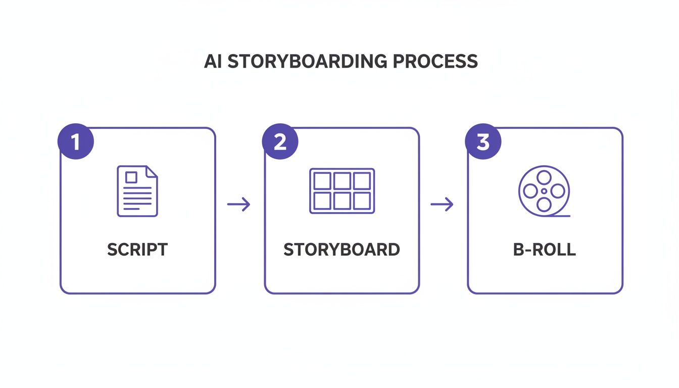 A three-step AI storyboarding process showing script creation, storyboard design, and B-roll integration.