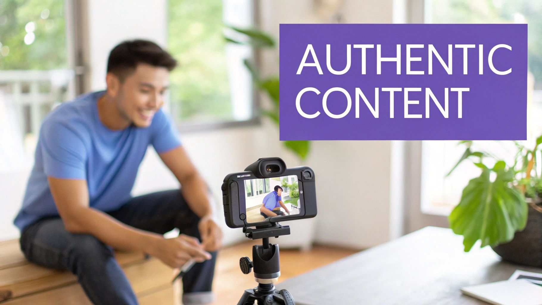 A smiling man records a video of himself with a camera on a tripod, emphasizing authentic content.