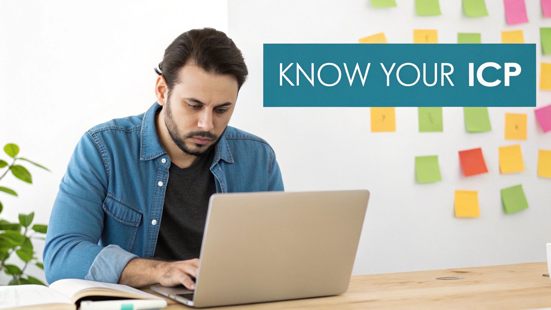 A focused man works on a laptop at a desk, with 'KNOW YOUR ICP' text on sticky notes in the background.