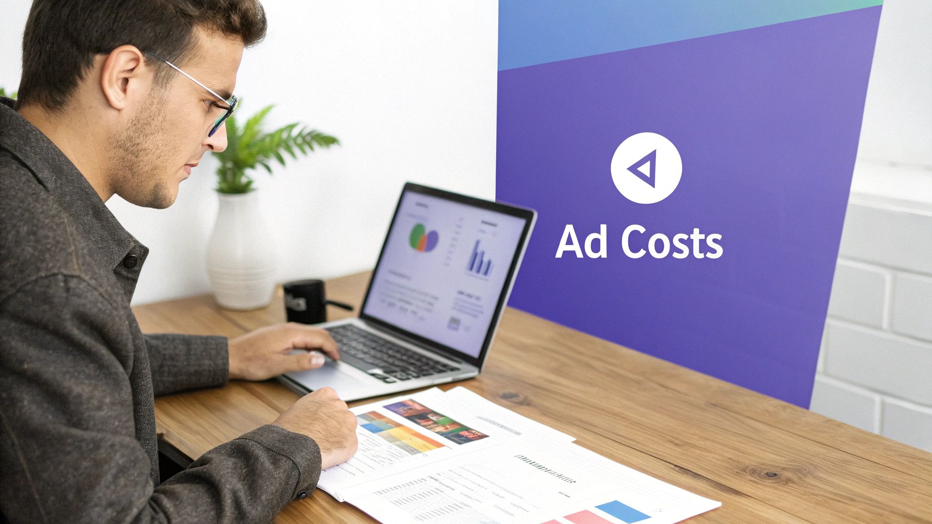 Man in glasses analyzes 'Ad Costs' data on laptop, with charts and reports on a wooden desk.