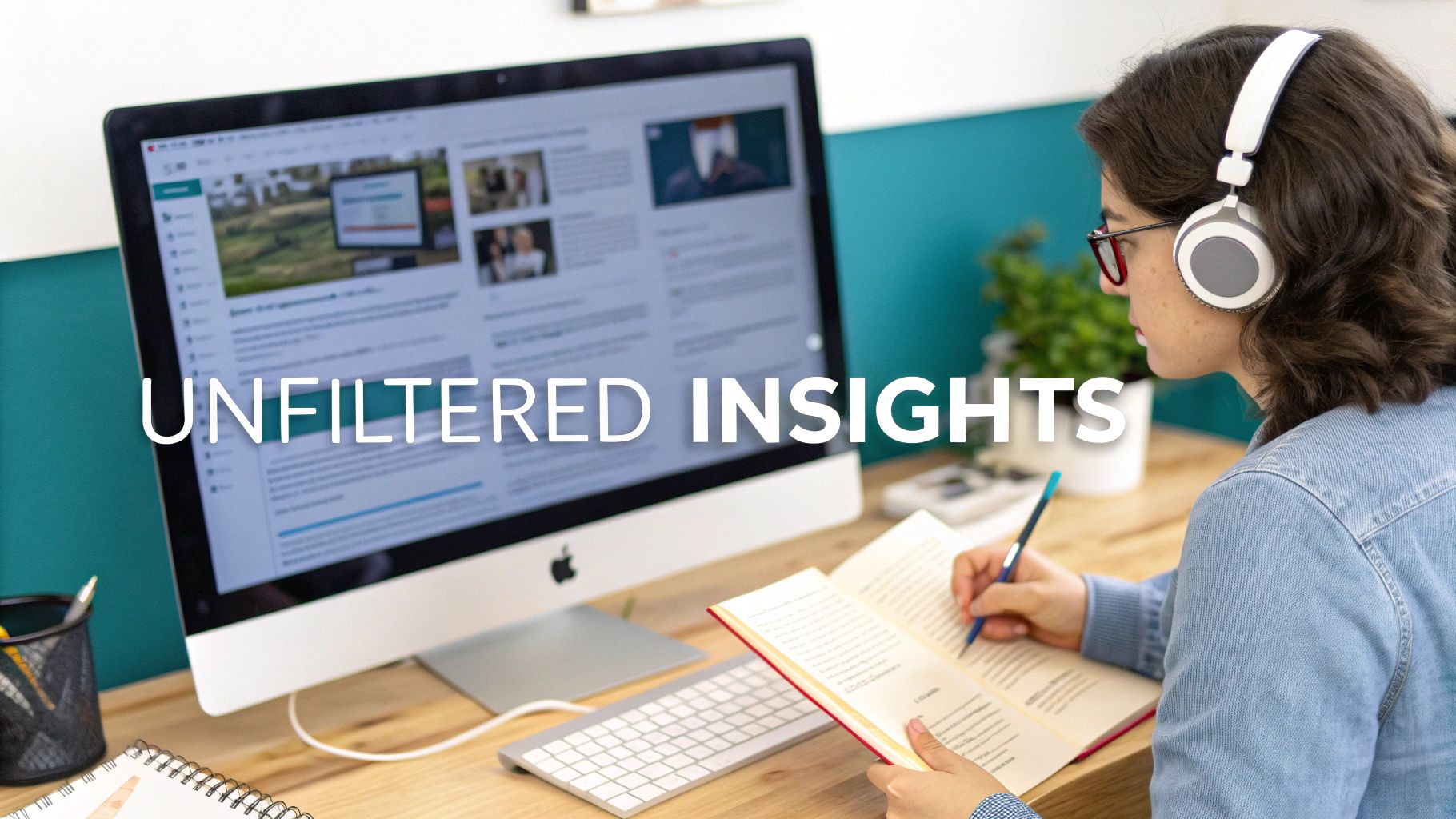 A person wearing headphones and glasses writes in a notebook at a desk with a computer monitor displaying information.