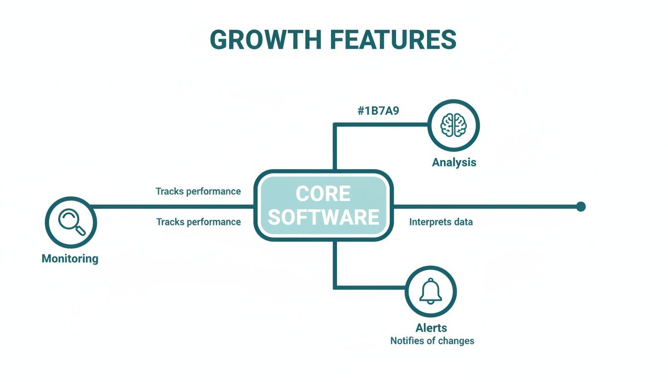Diagram of core software's growth features: performance monitoring, data analysis, and change alerts.