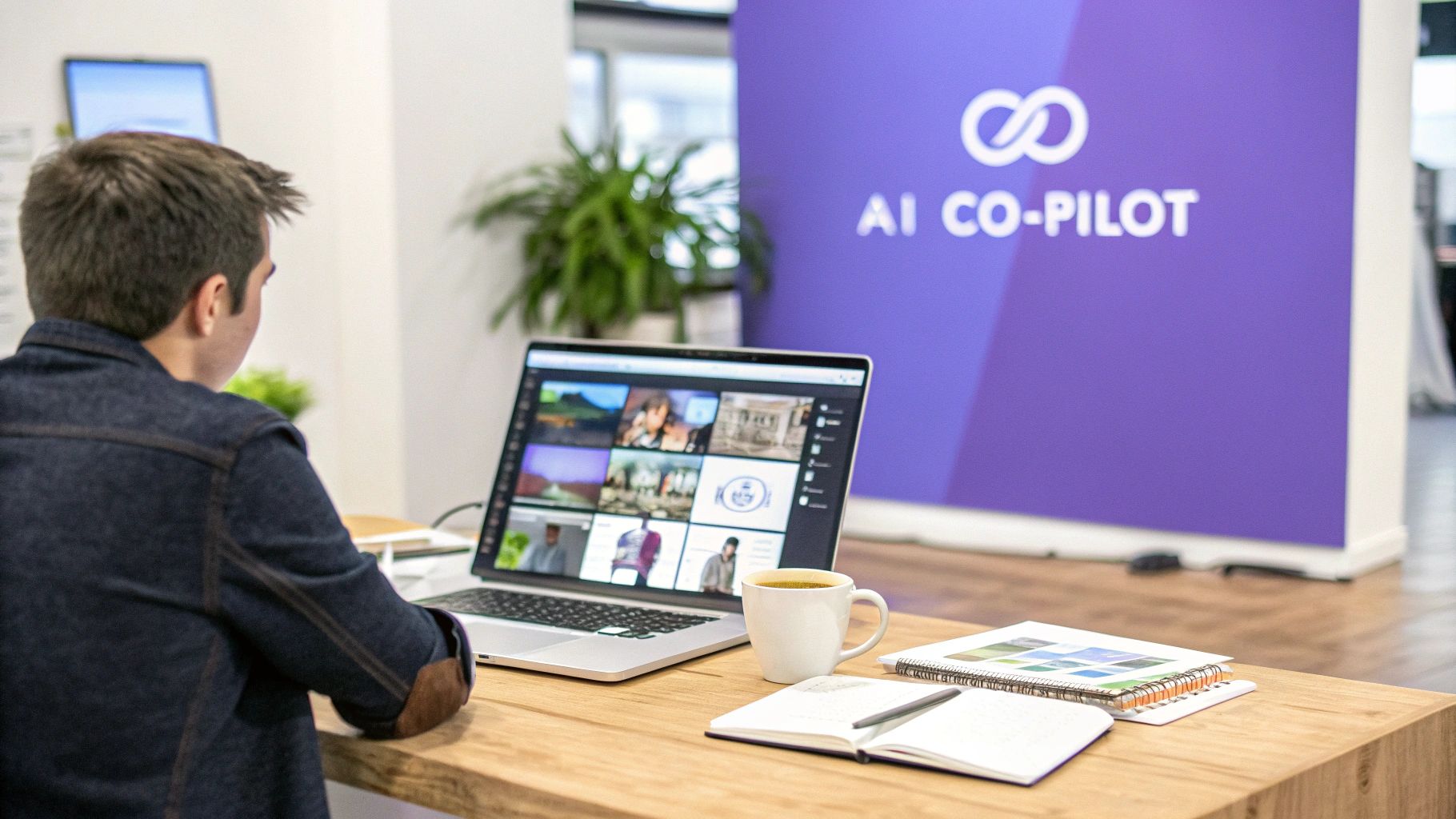 Person working on a laptop at a desk with an 'AI CO-PILOT' banner in the background.