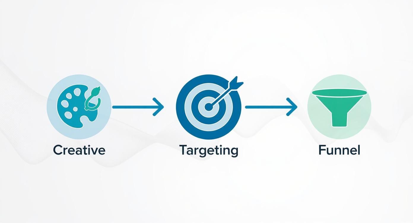 Marketing workflow diagram showing creative design, targeting strategy, and conversion funnel process with arrows