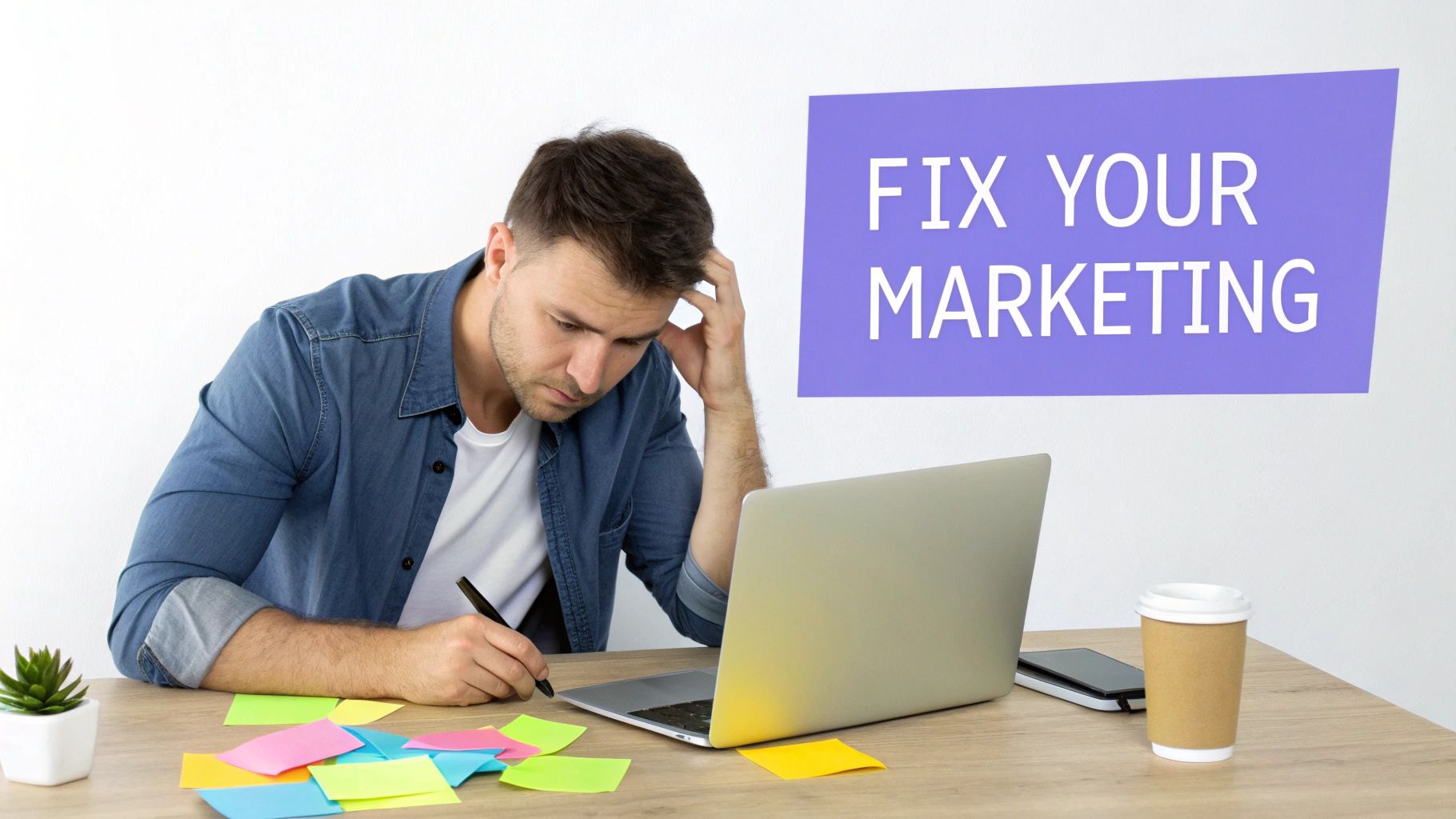 A distressed man at a desk with a laptop, sticky notes, and a sign saying 'FIX YOUR MARKETING'.