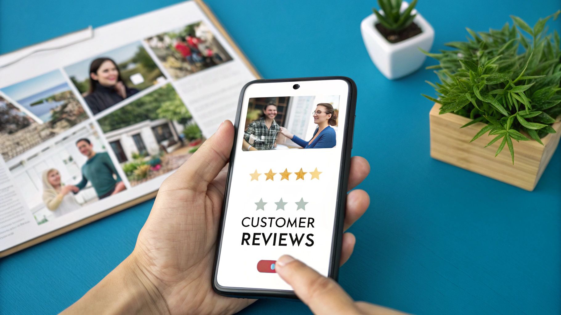 Hand holding a smartphone displaying customer reviews, a 4-star rating, and a toggle button.