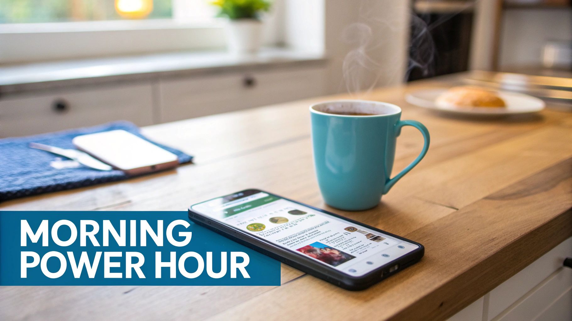 A steaming cup of coffee and two smartphones on a kitchen counter for a morning routine.