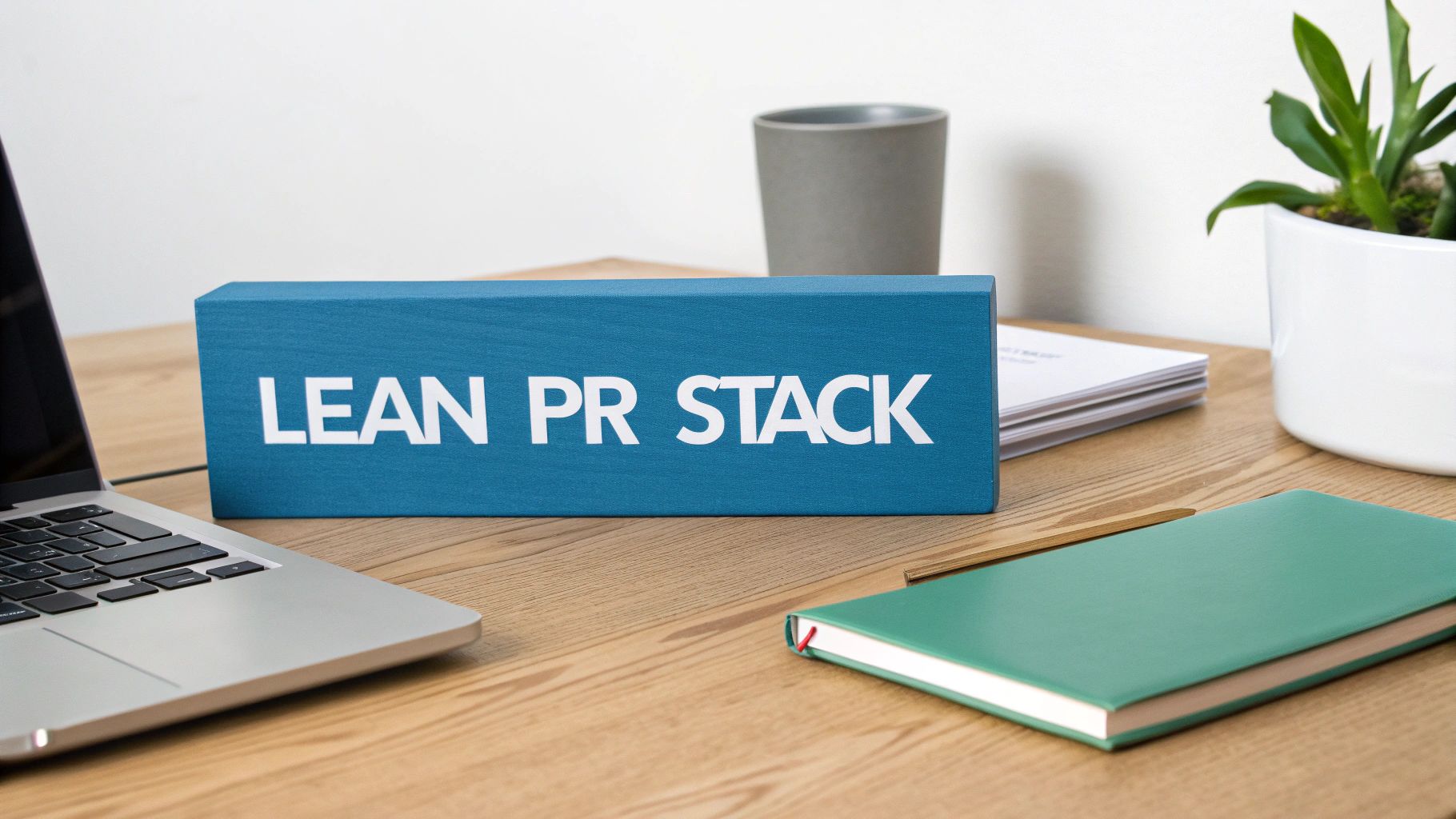 A close-up of a desk with a laptop, a blue 'LEAN PR STACK' sign, a green notebook, and a plant.