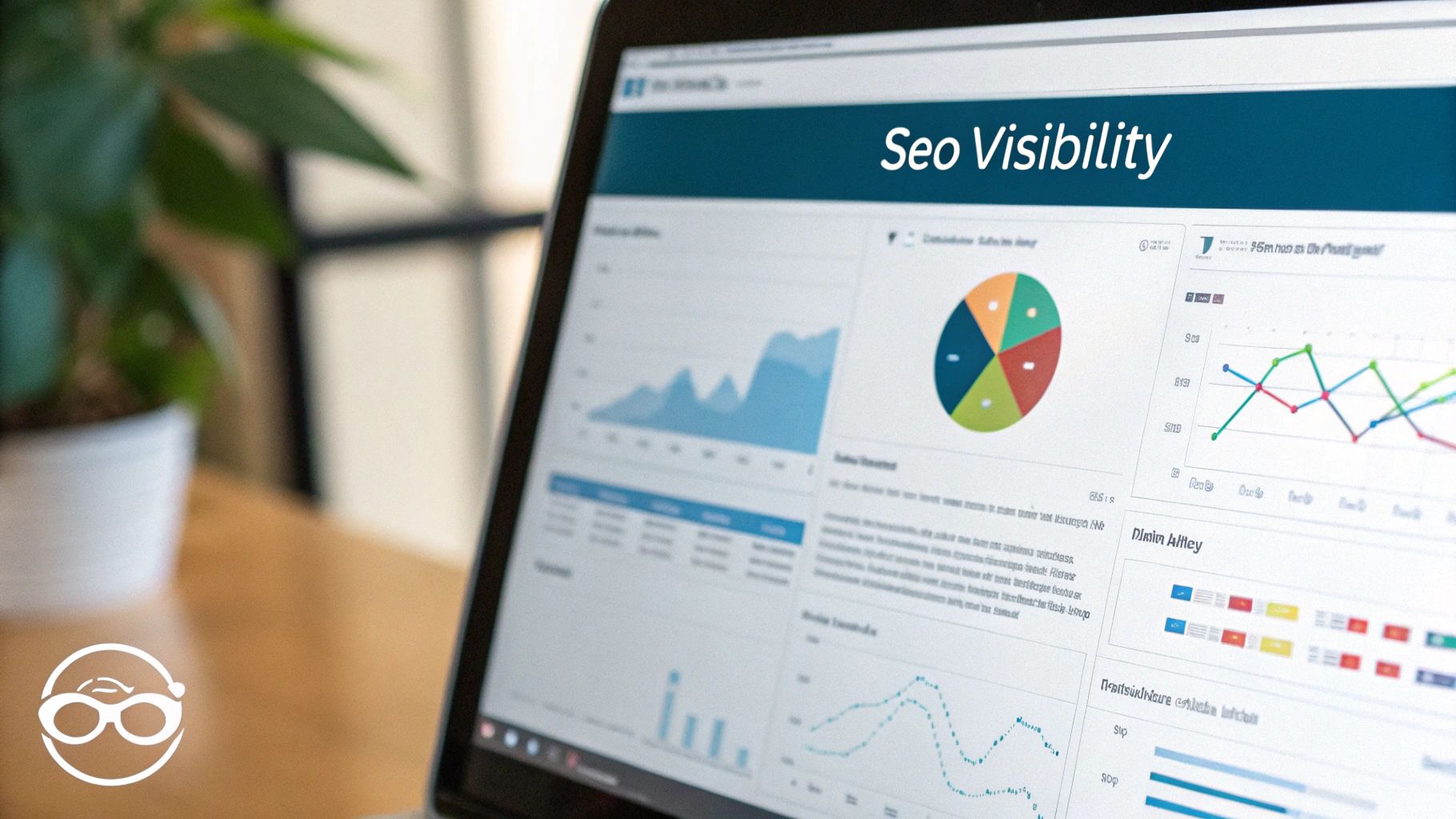 A magnifying glass hovering over a website's analytics dashboard, showing keyword rankings and traffic data, illustrating SEO share of voice.