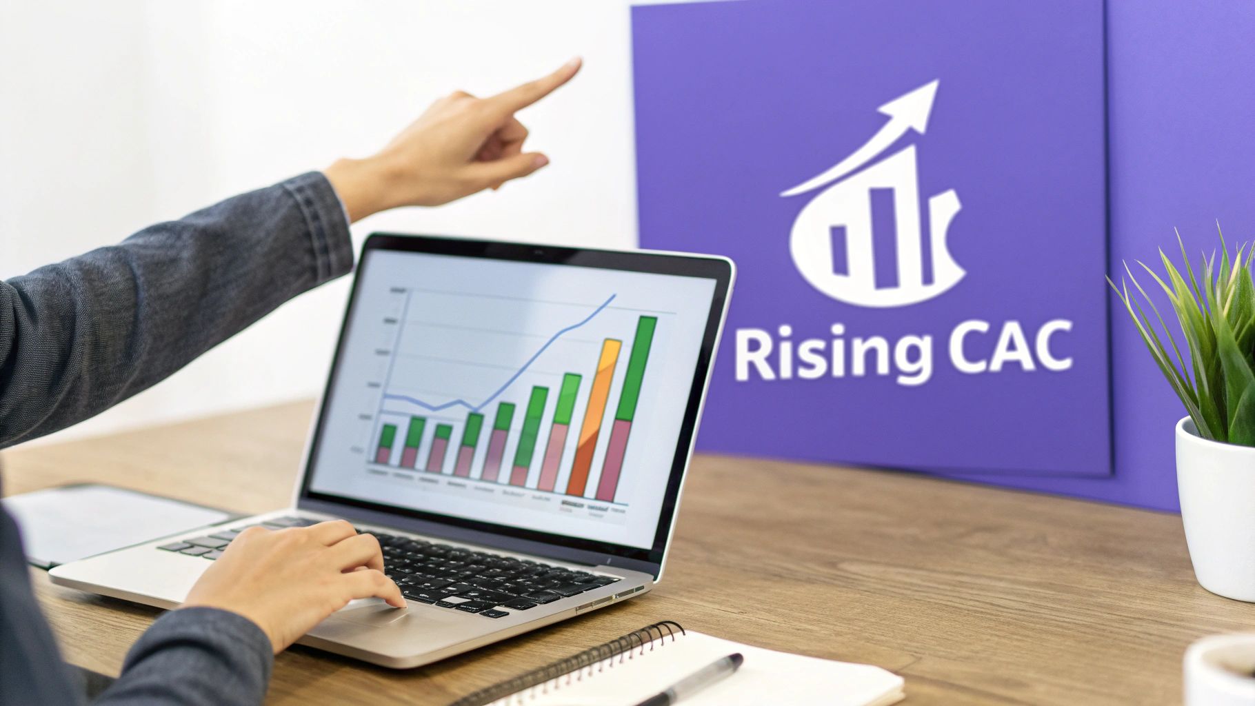 Business professional analyzing customer acquisition cost growth charts on laptop with Rising CAC presentation