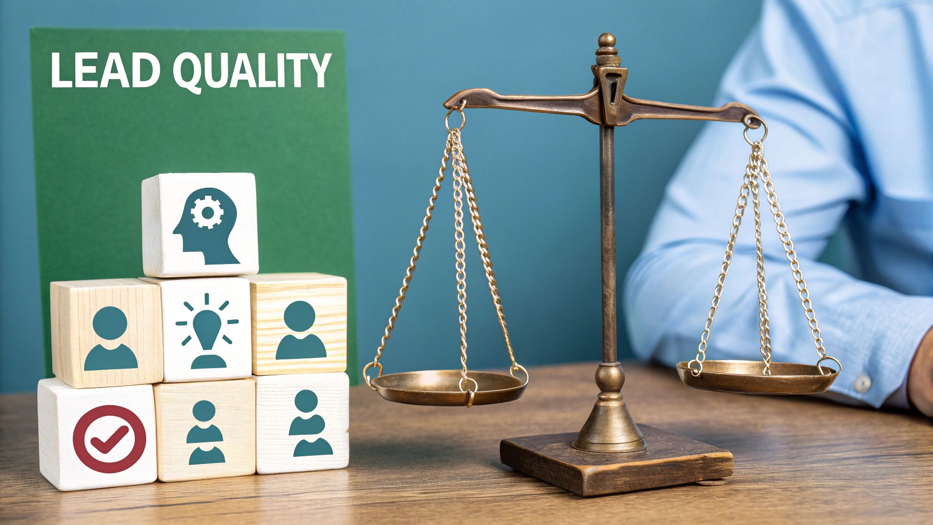 A magnifying glass focusing on one high-quality lead among a crowd of generic figures, symbolizing quality over quantity