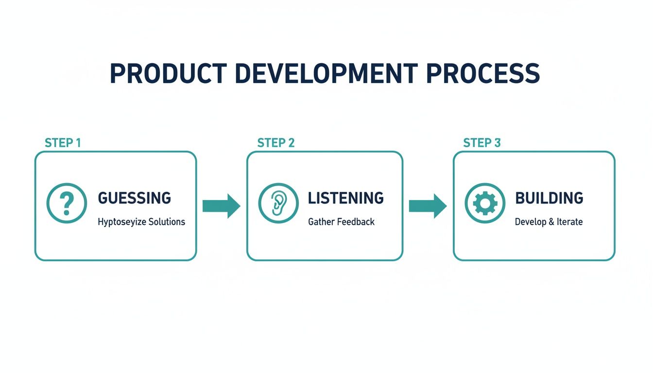 Infographic illustrating a three-step product development process: Guessing, Listening, and Building for iteration.