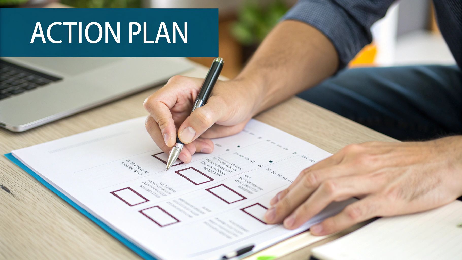 A person's hands writing on an 'ACTION PLAN' document with a pen, next to a laptop.