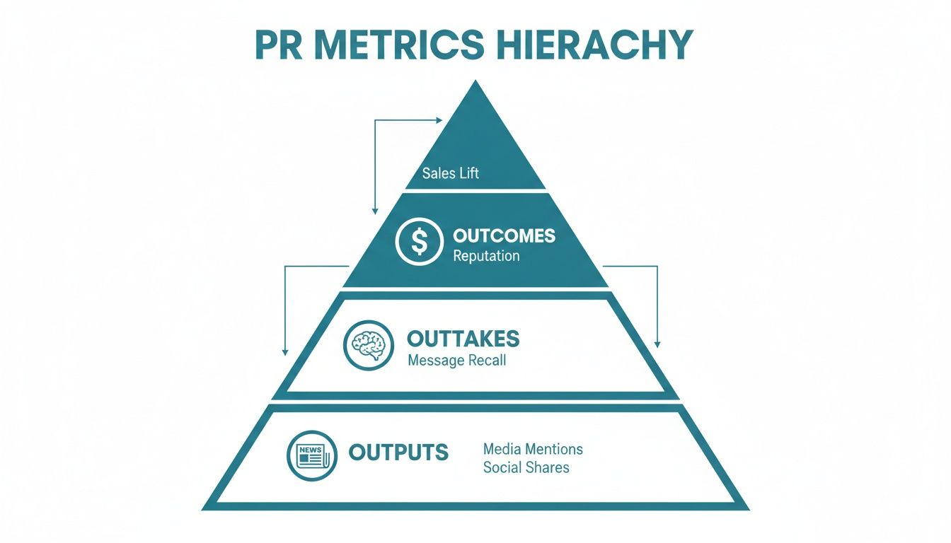 A PR metrics hierarchy pyramid diagram showing outputs, outtakes, outcomes, and sales lift.