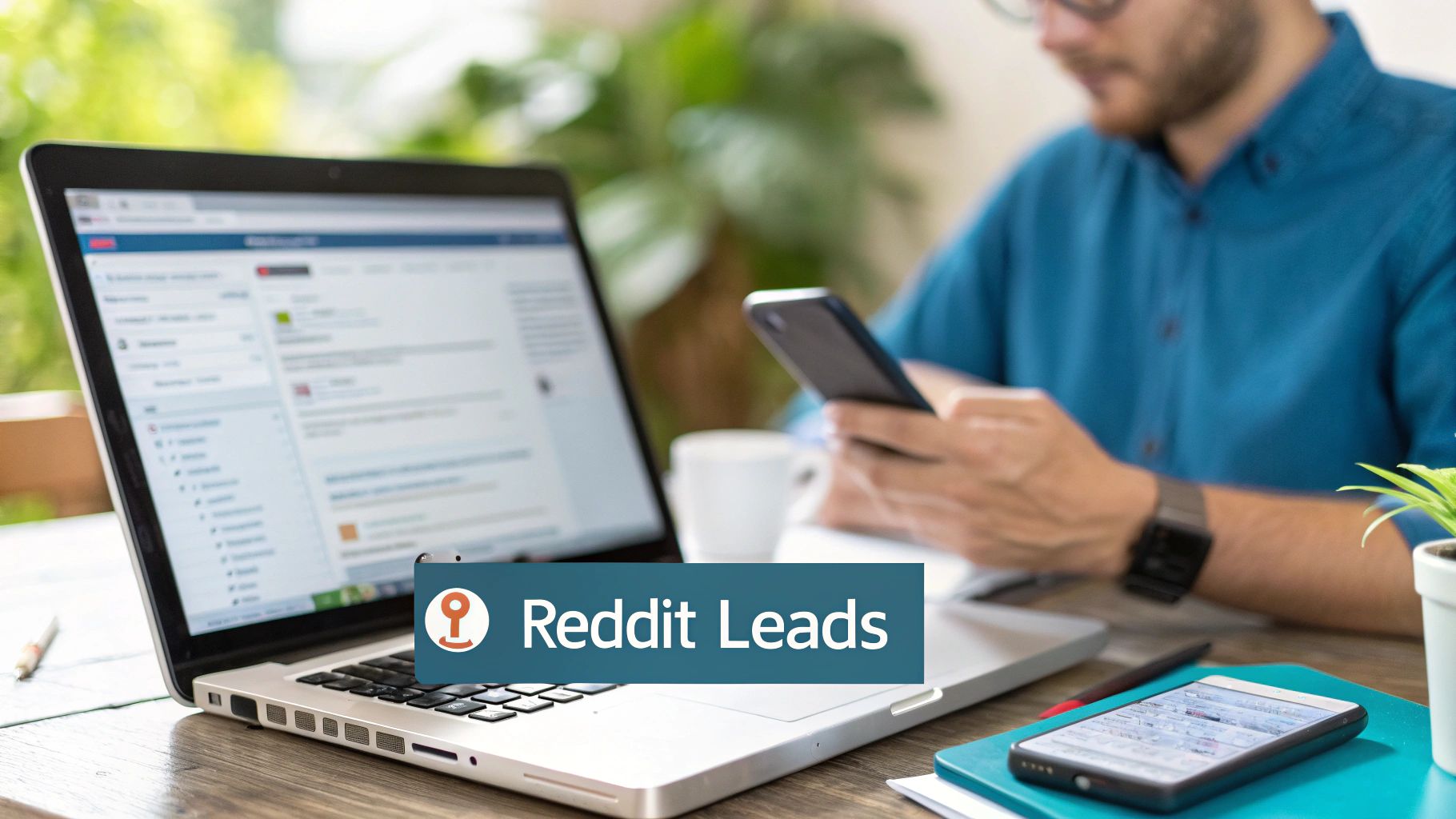 Man using a smartphone and laptop on a wooden desk, with a 'Reddit Leads' banner overlay.