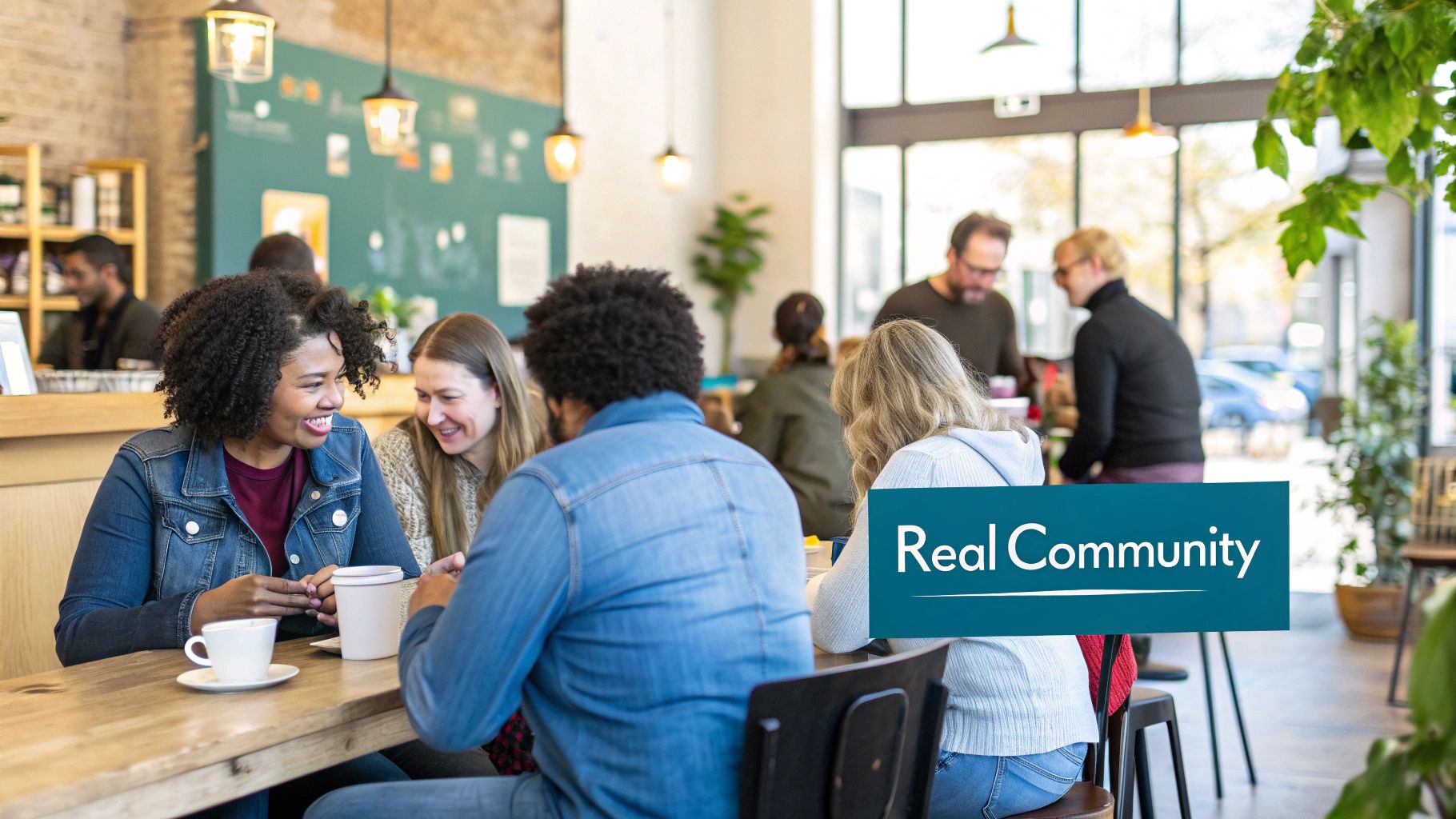 A diverse group of friends smiling and talking at a coffee shop table, enjoying real community.