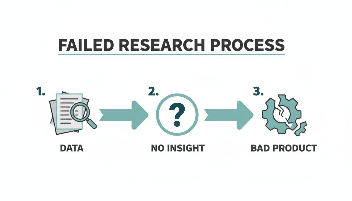 Illustration of a failed research process: data collection leads to no insight, resulting in a bad product.
