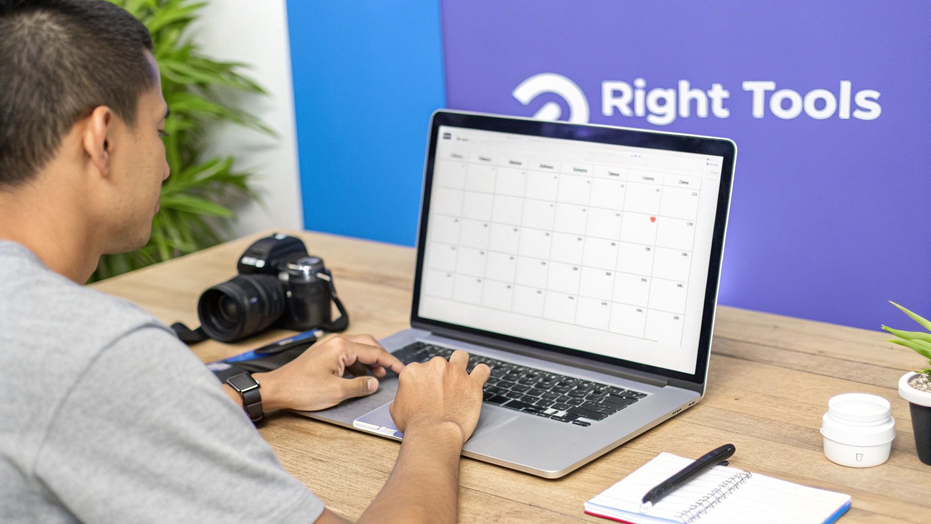 A social media creator working on a laptop with various creative tool icons floating around them.