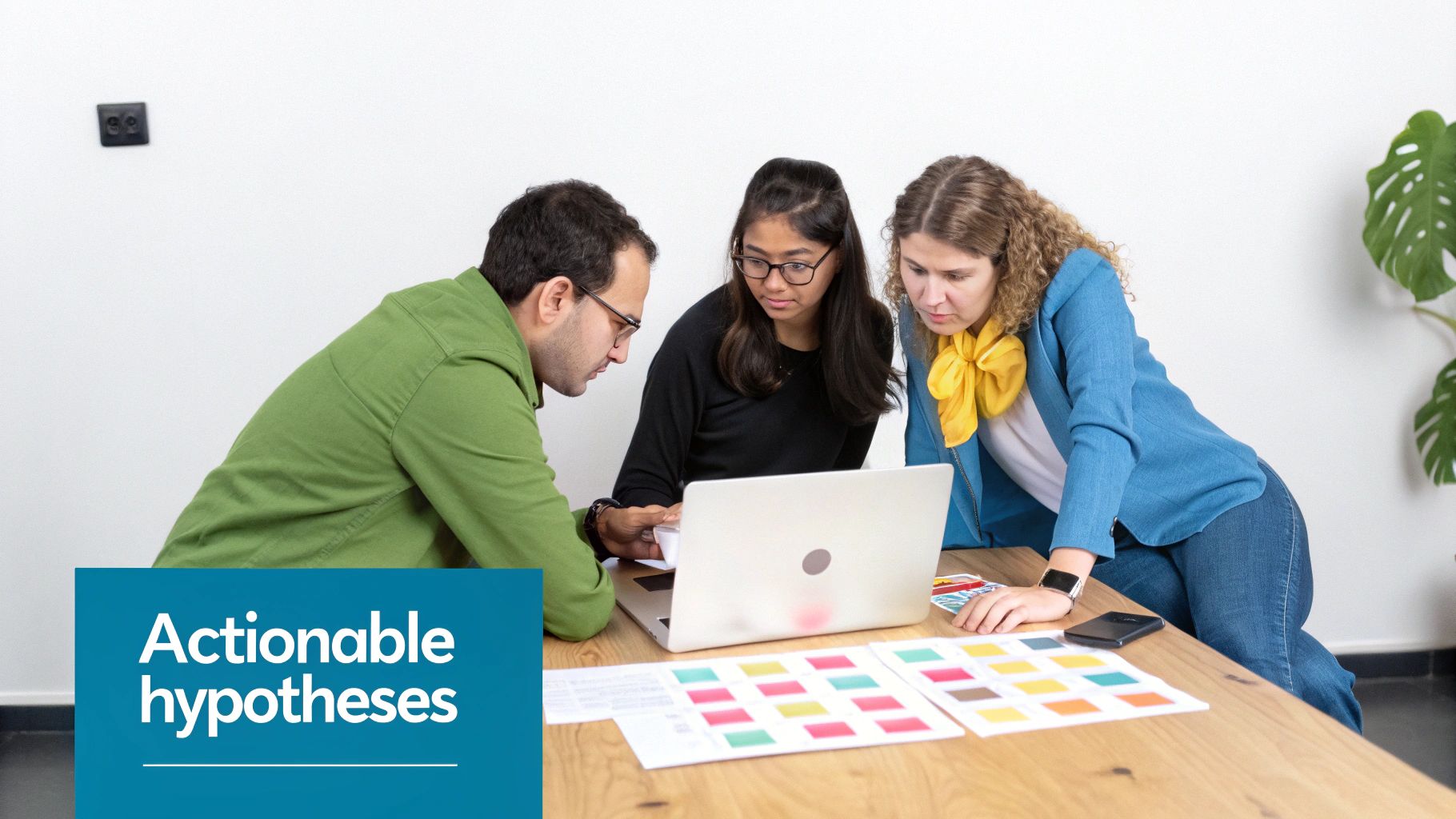 Three diverse colleagues collaborate around a laptop, discussing design ideas and product development with color swatches.