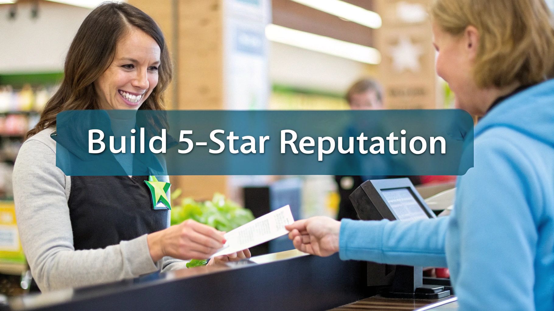 A person holding a smartphone showing a five-star review, with a bright, positive background.