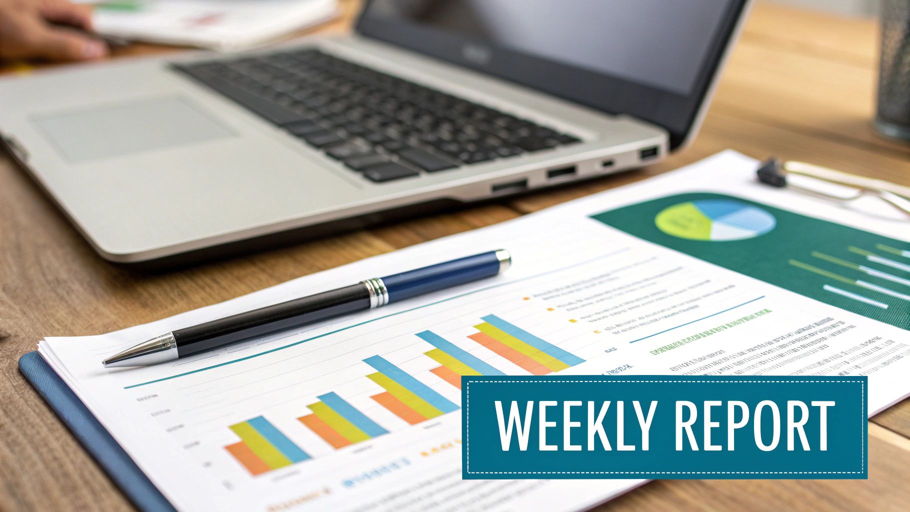 Close-up of a desk with a laptop, pen, and financial charts and graphs labeled 'WEEKLY REPORT'.