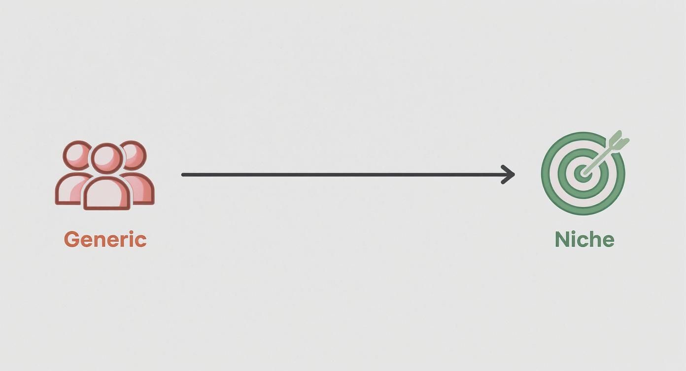 Diagram showing transition from generic broad audience to targeted niche marketing strategy with arrow