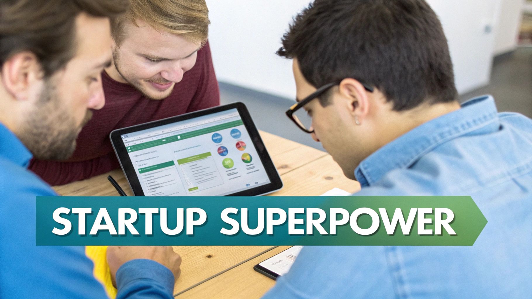 Three young professionals discuss data on a tablet, collaborating in a startup setting.