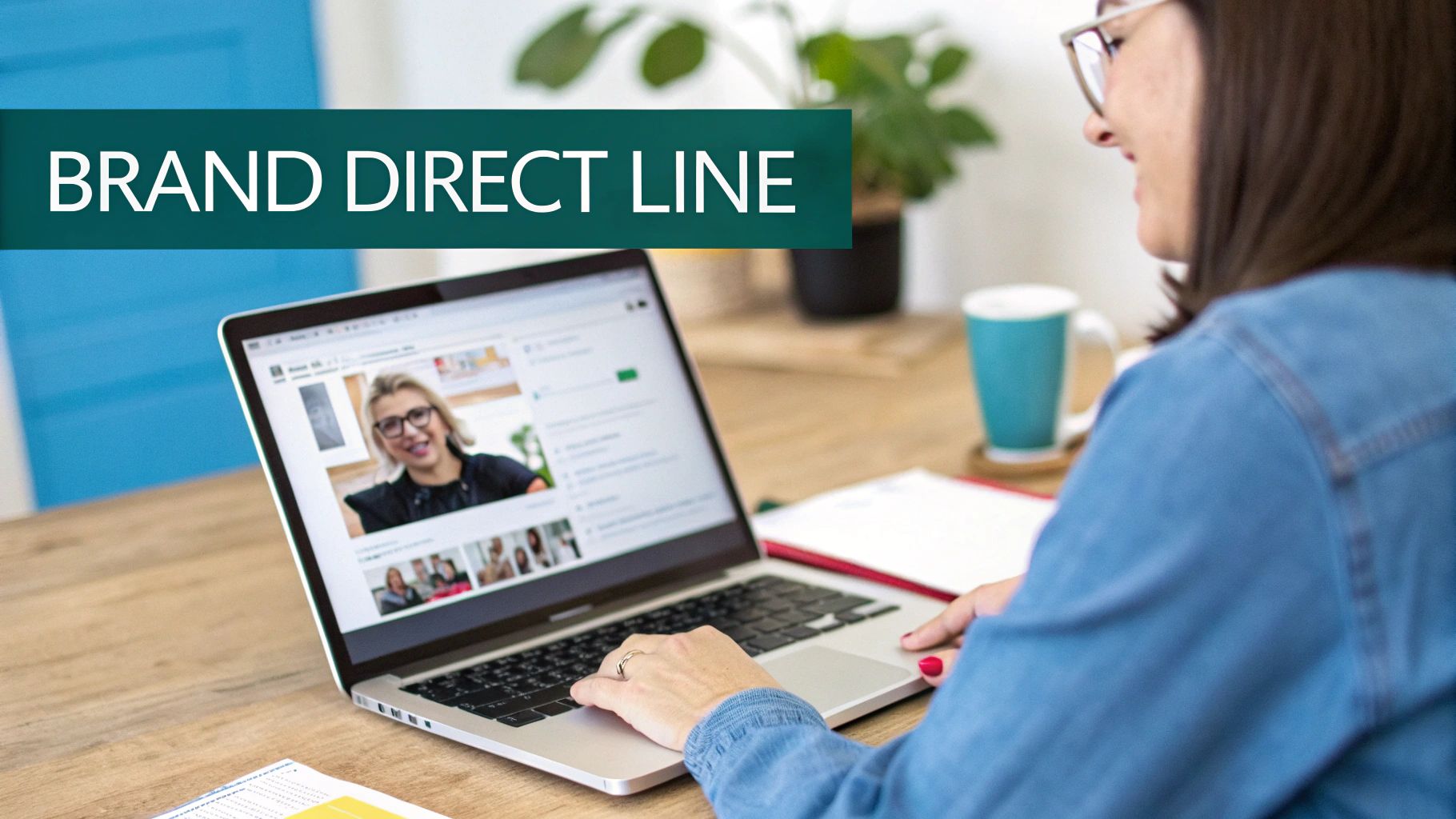 A woman working on a laptop, seeing another woman on screen, with "BRAND DIRECT LINE" text.