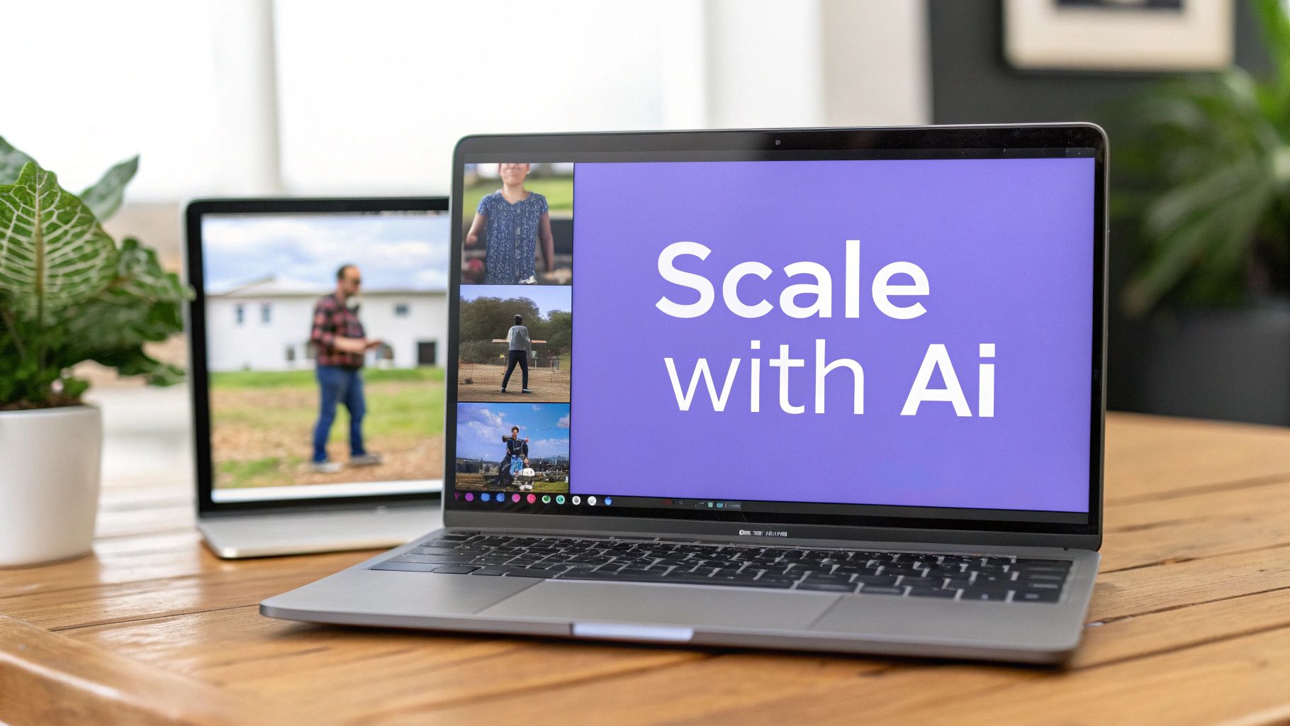 Two laptops on a wooden table, one displaying 'Scale with Ai' and a video call, the other a blurry outdoor scene.