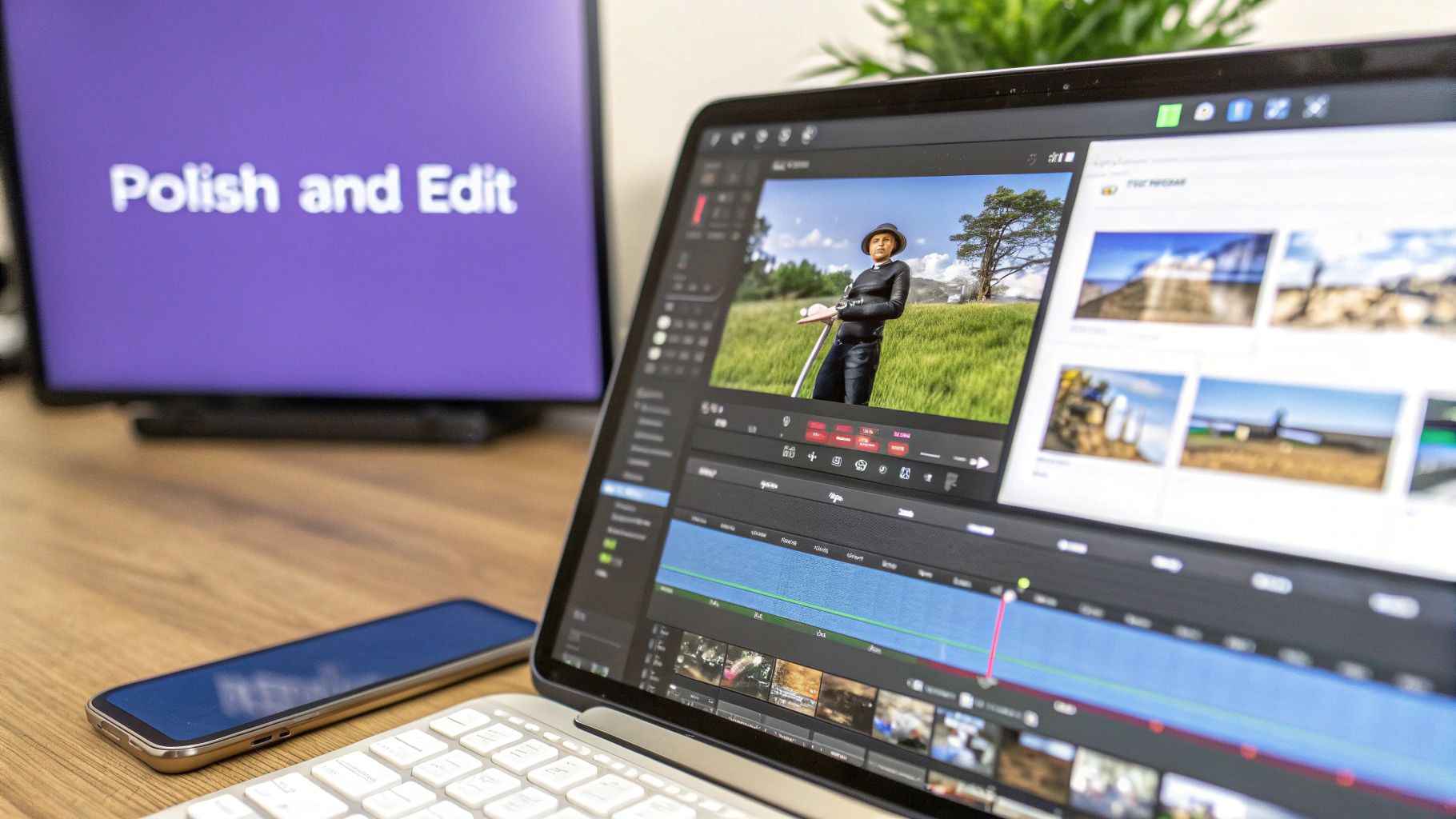 A laptop shows video editing software with a person in a field, alongside a monitor displaying 'Polish and Edit'.