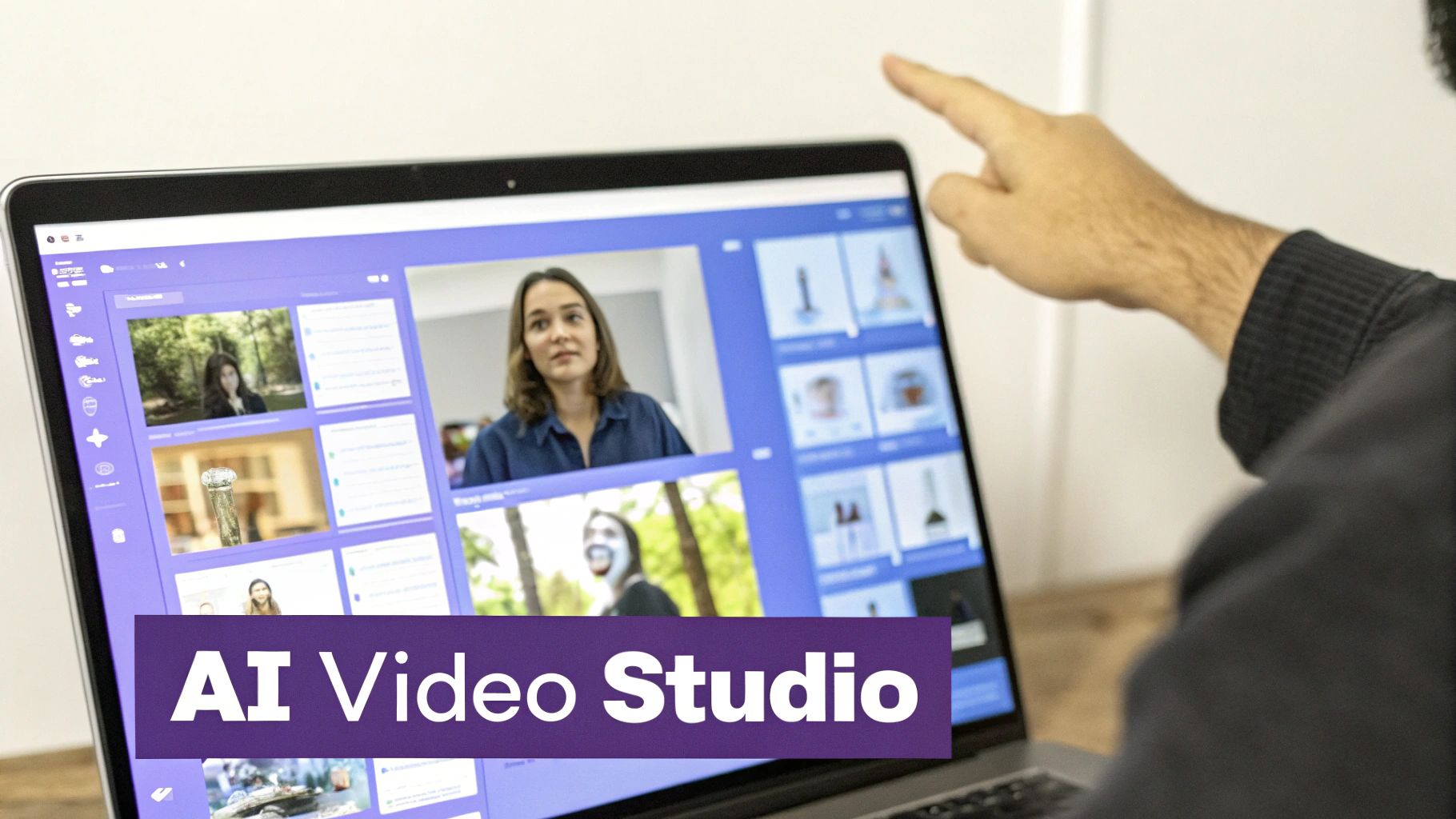 Person's hand pointing at a laptop screen displaying an 'AI Video Studio' interface with video thumbnails.