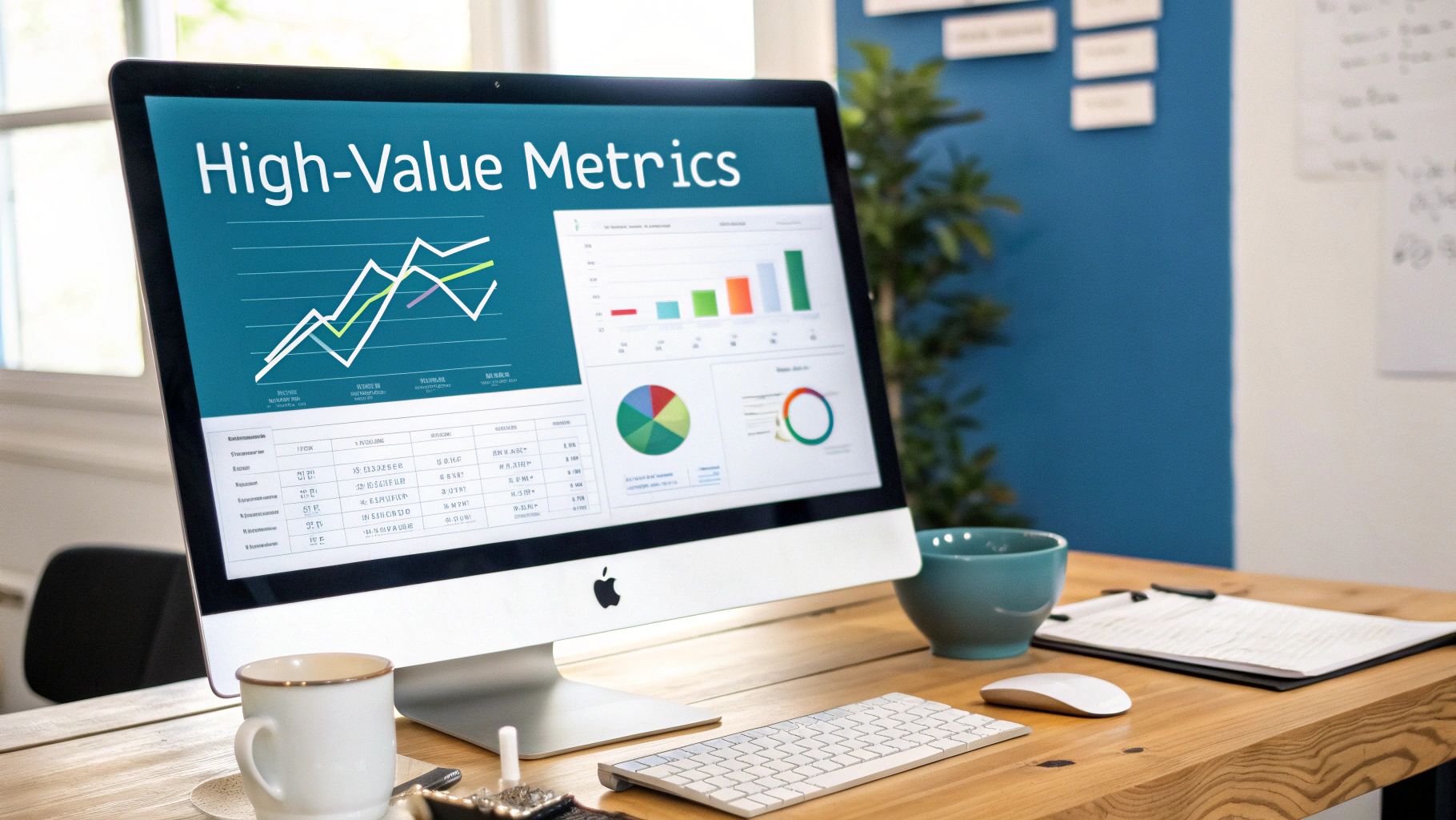 Desktop computer displaying 'High-Value Metrics' with various data charts and graphs on a desk.