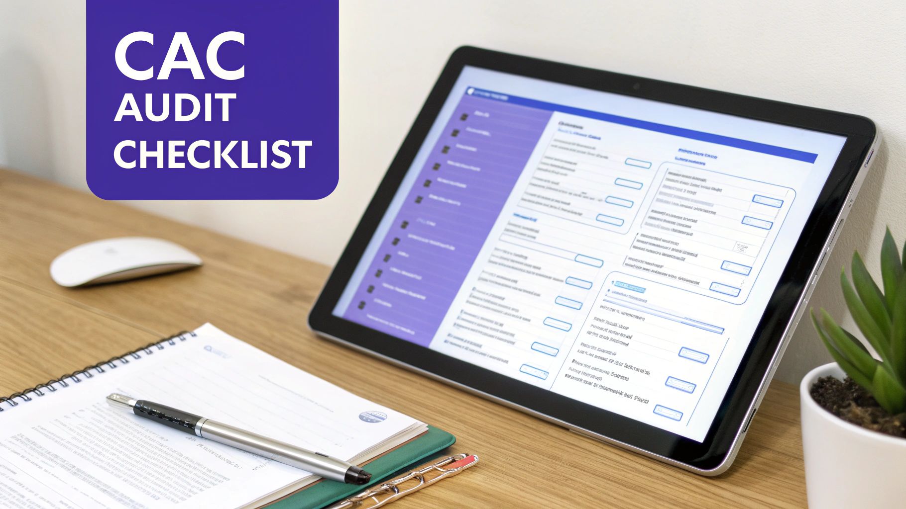 CAC audit checklist displayed on tablet screen with purple sidebar and data fields