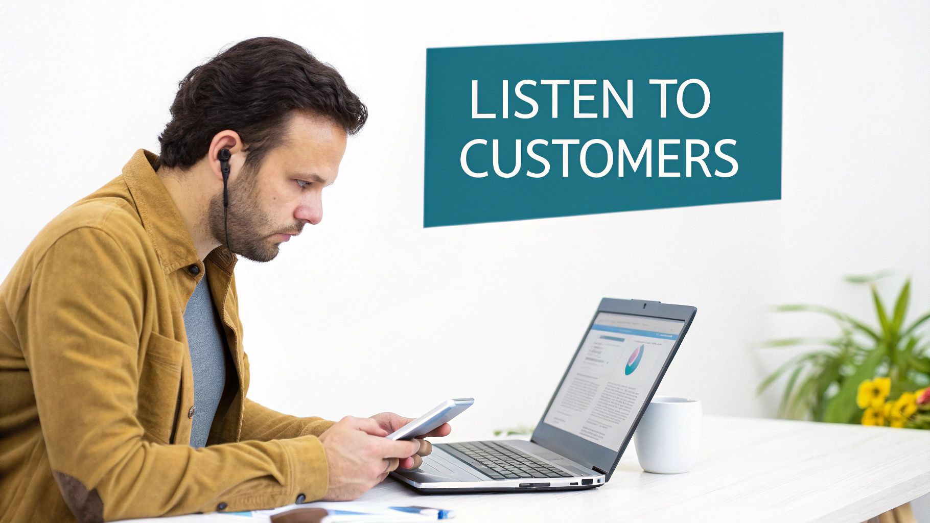 A person sitting at a desk with headphones on, analyzing data on a computer screen representing conversation intelligence.