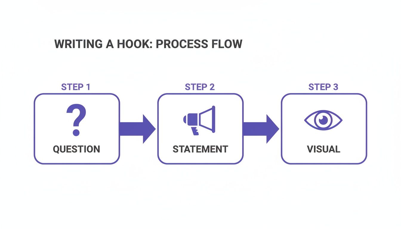 Diagram illustrating a three-step process to write a hook: Question, Statement, Visual.