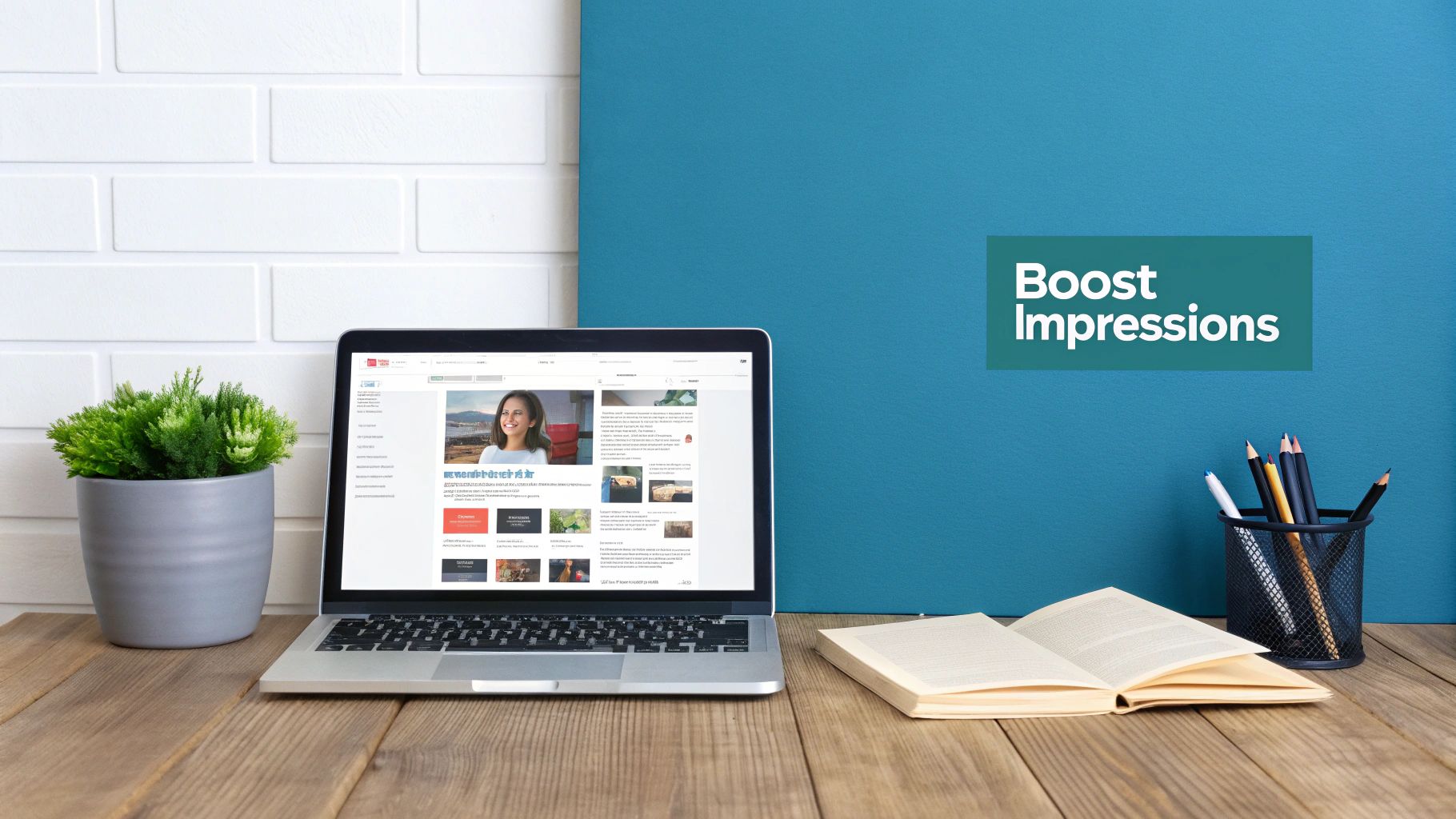 Professional desk with laptop displaying a website, plant, open book, and pencils, next to a 'Boost Impressions' sign.