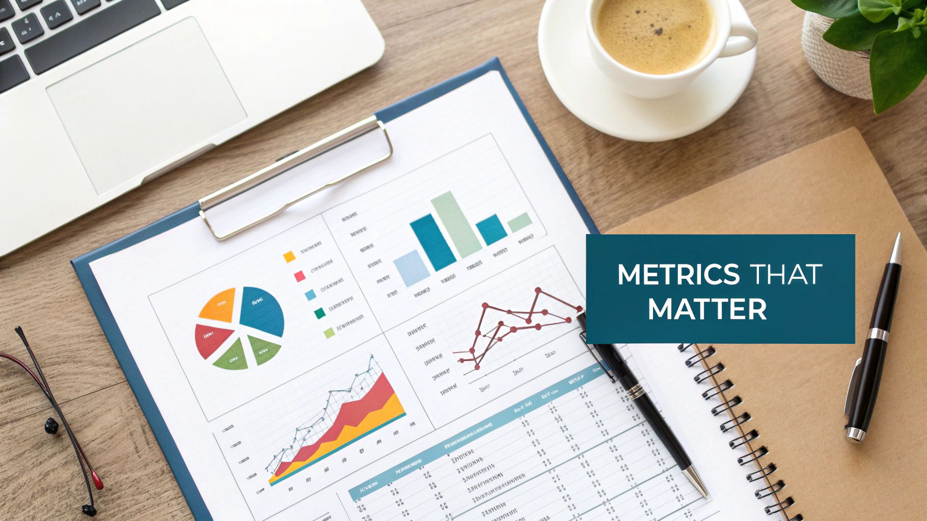 Overhead shot of a business desk with charts, laptop, coffee, and 'METRICS THAT MATTER' text.