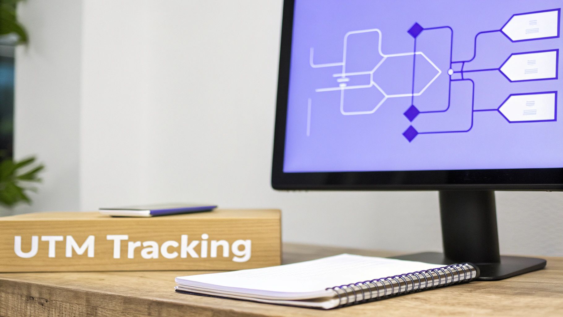 A desk with a 'UTM Tracking' block, a computer displaying a data flow diagram, and a notebook.