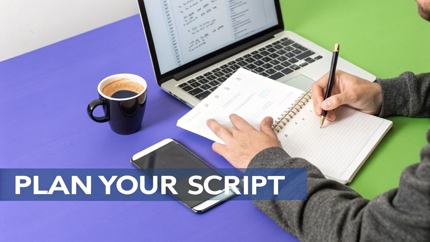 Overhead shot of a person writing a script in a notebook, with a laptop, coffee, and phone on a desk.