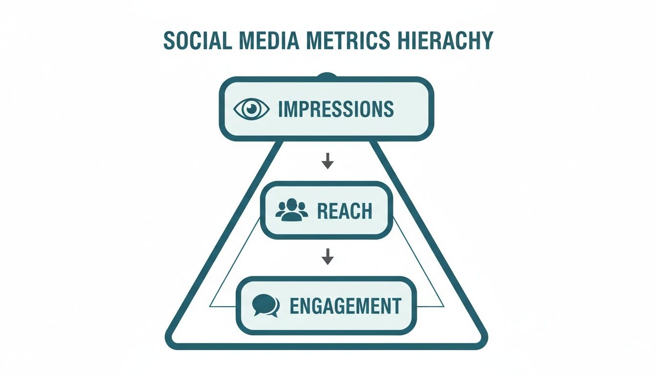 Hierarchy of social media metrics: Impressions at the top, followed by Reach, then Engagement.