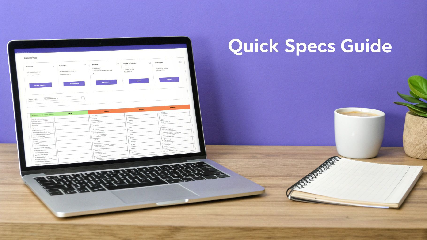 Laptop on a wooden desk displaying a 'Quick Specs Guide' with a coffee cup and plant.