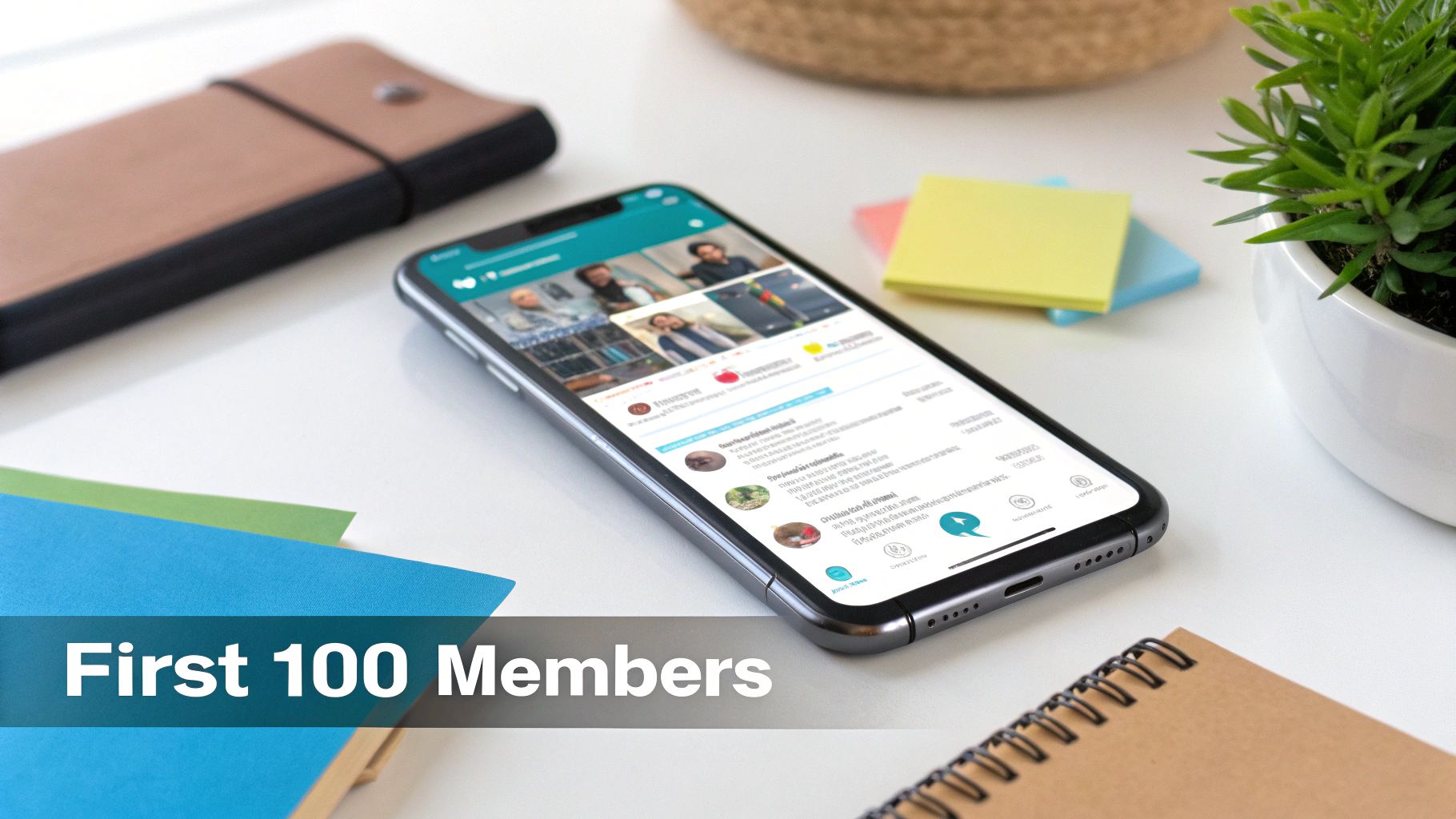 A smartphone on a clean white desk displaying a social media feed, surrounded by office supplies.
