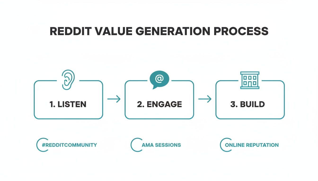 A diagram showing the Reddit value generation process: Listen, Engage, Build, with related activities.