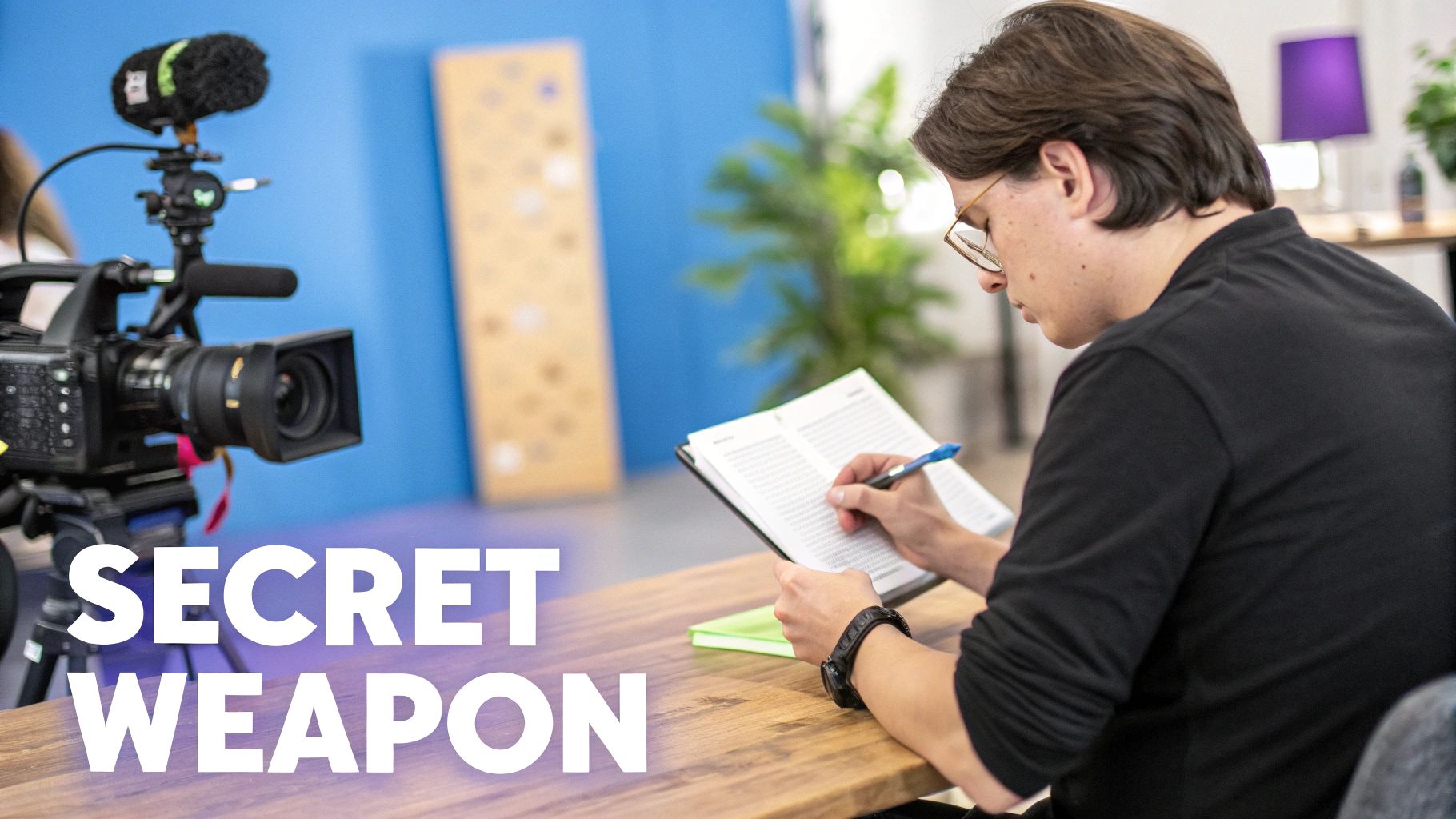 A person writing a video script in a notebook with a laptop and camera in the background.